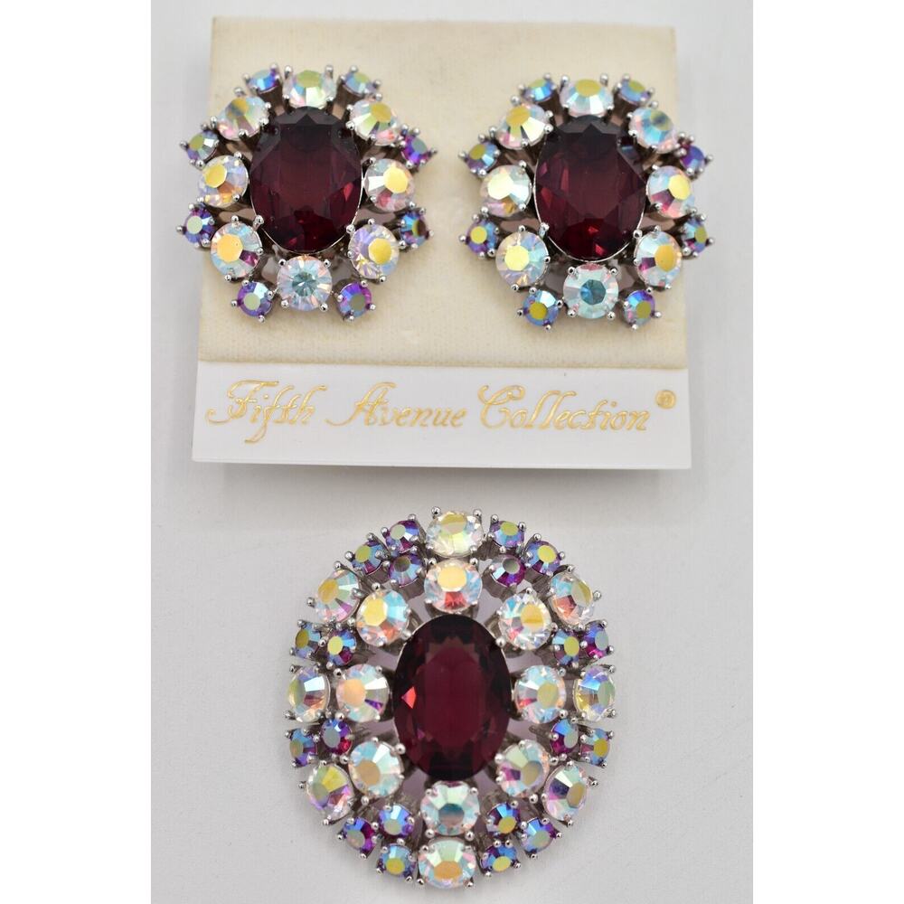 Fifth Avenue Collection Vintage Crystal Clip On Earrings Pin Brooch Set BinBI